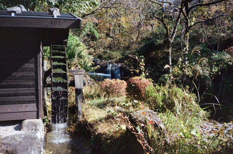 A photo of a working wooden water wheel in a foresty area